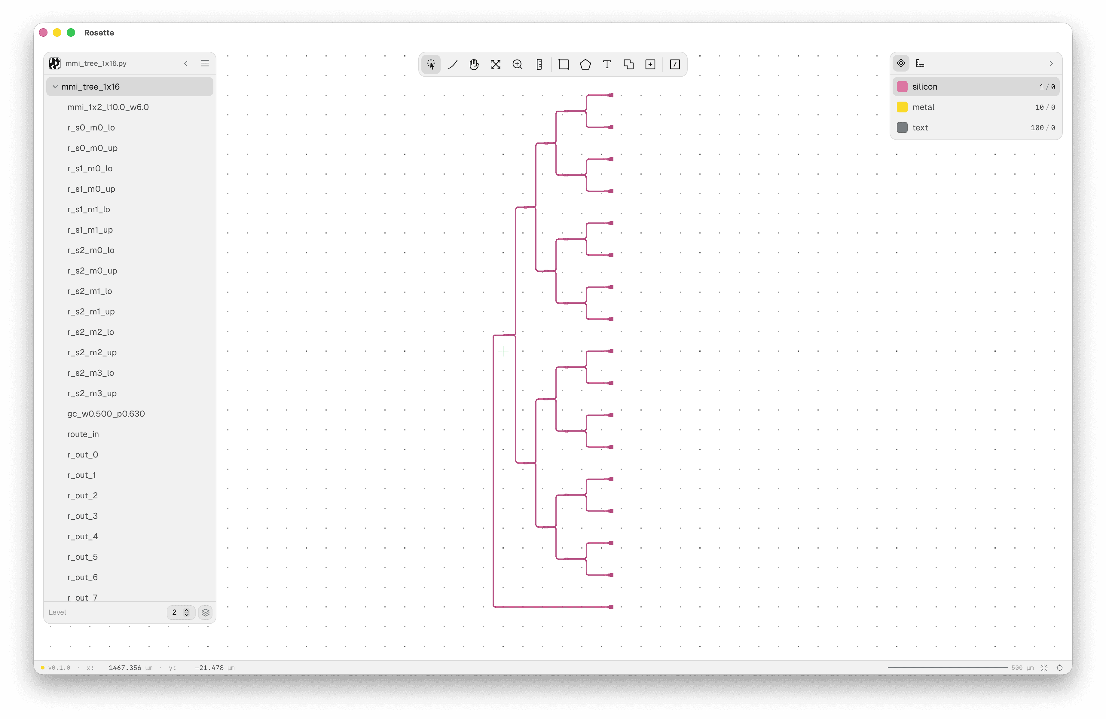 1x16 MMI splitter tree with inline grating couplers