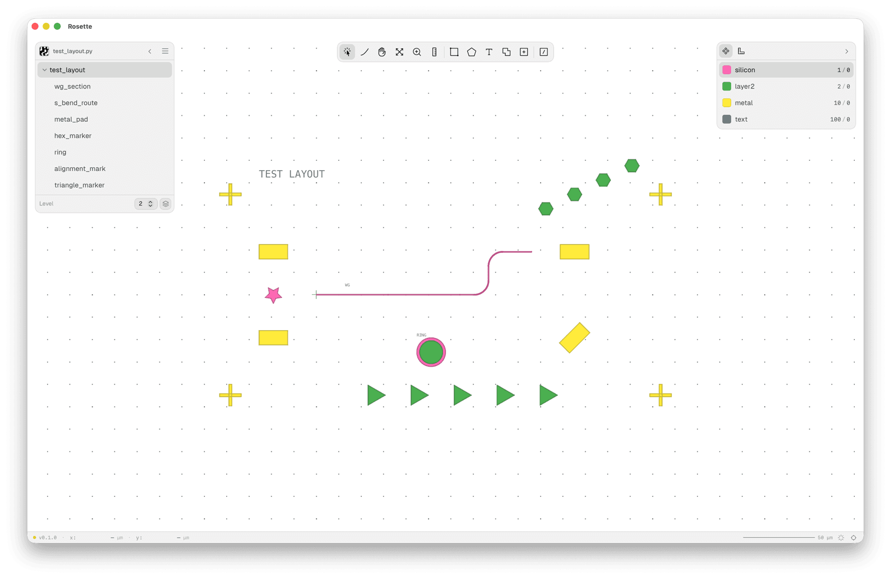 Test layout with geometries and cell instancing