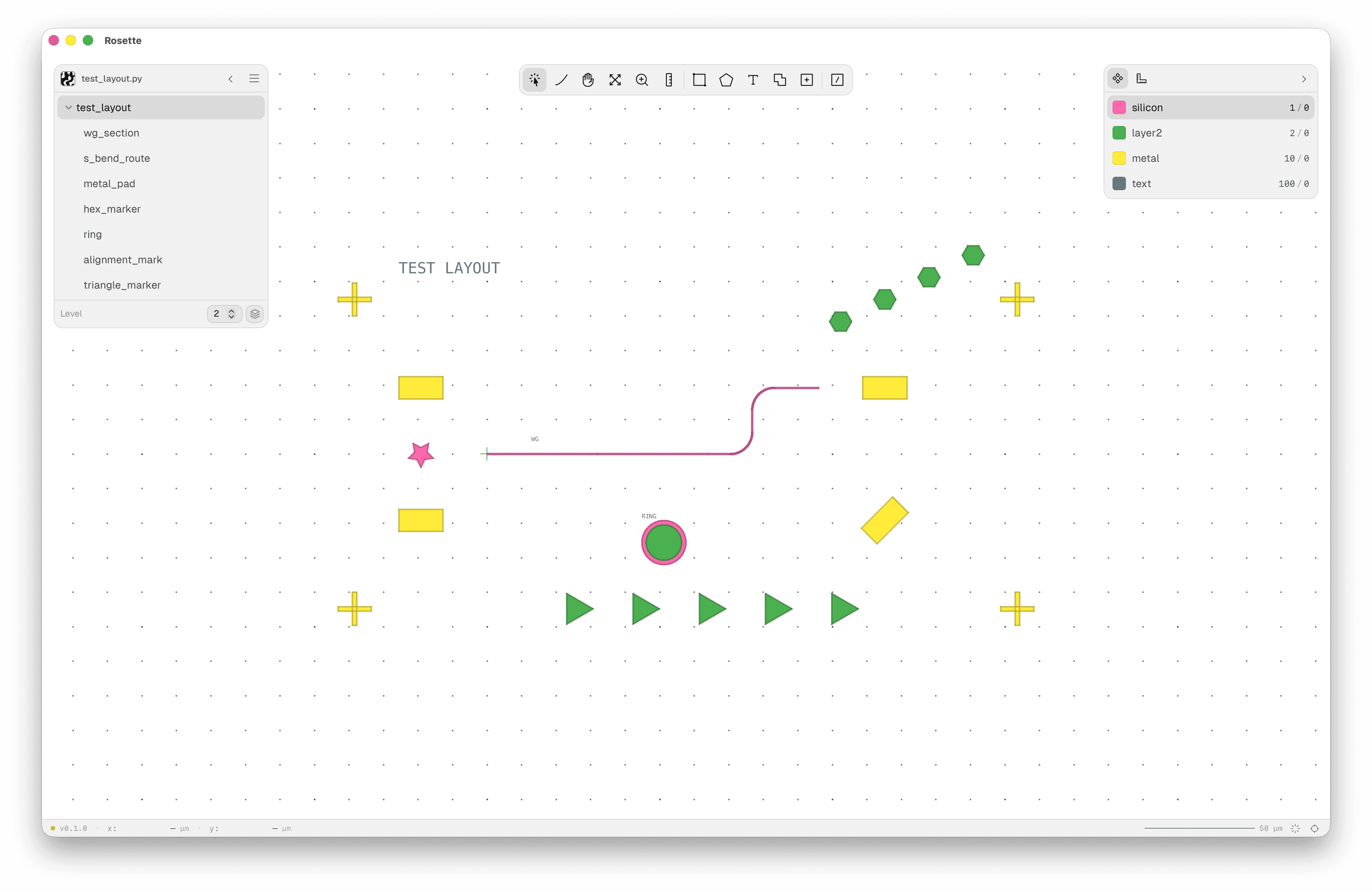Test layout with geometries and cell instancing