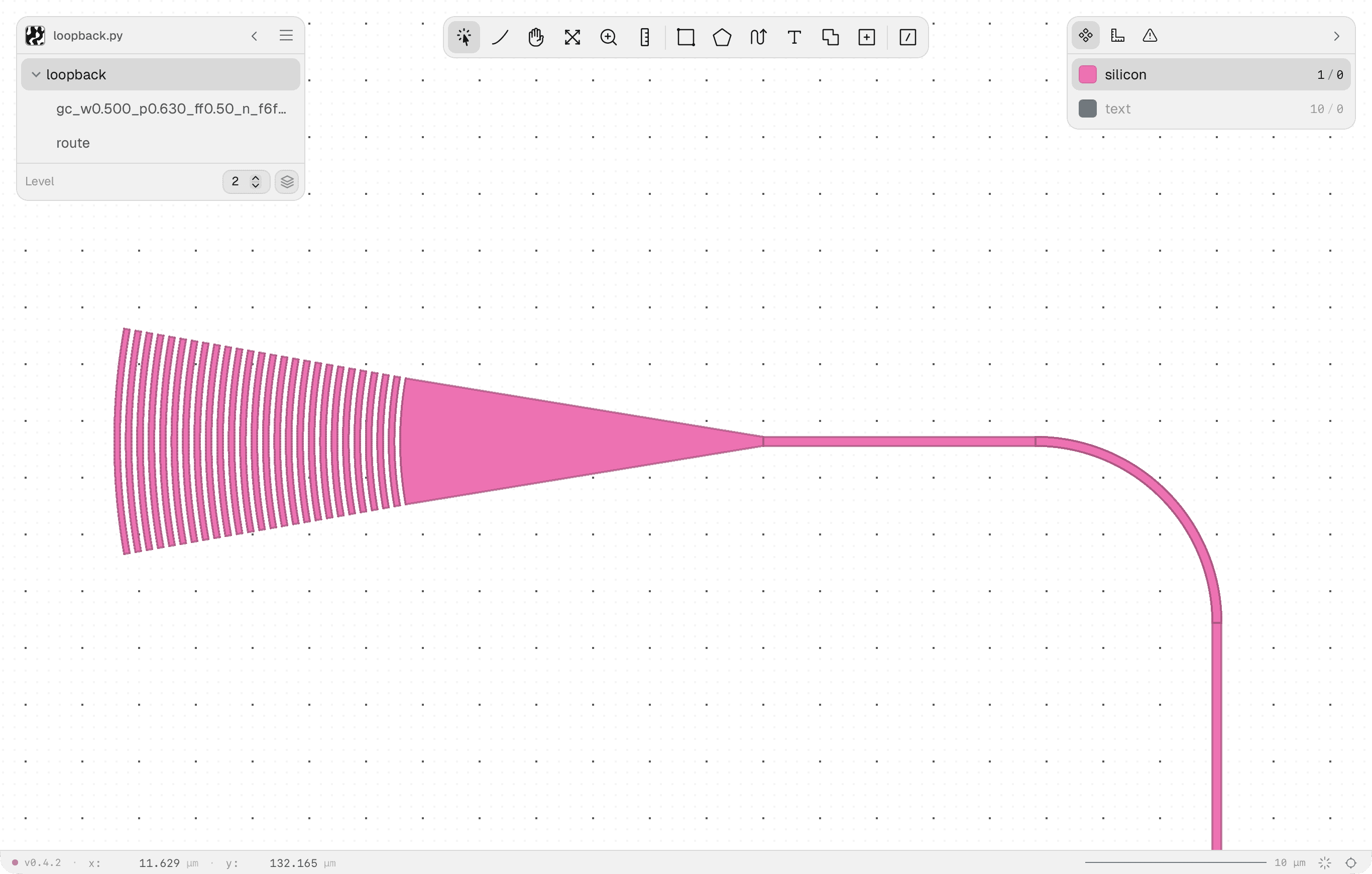 A grating coupler from the fiber loopback design, open in the Rosette editor