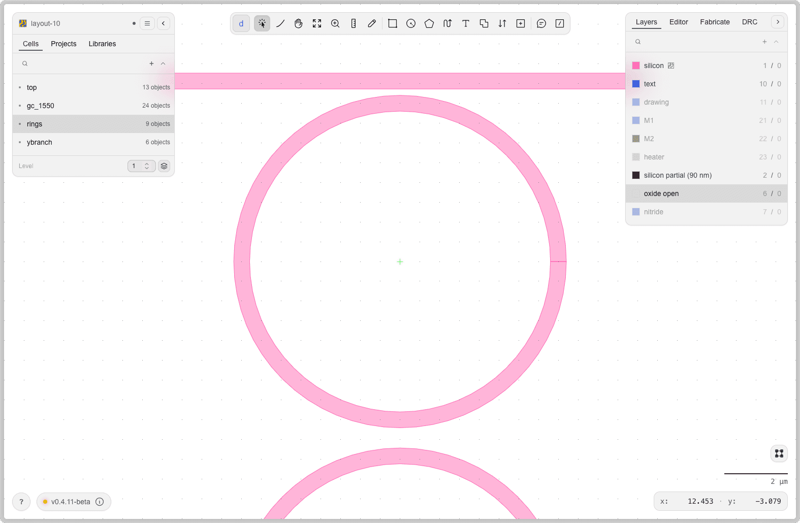 Rosette photonic design interface showing canvas, sidebar, and design tools